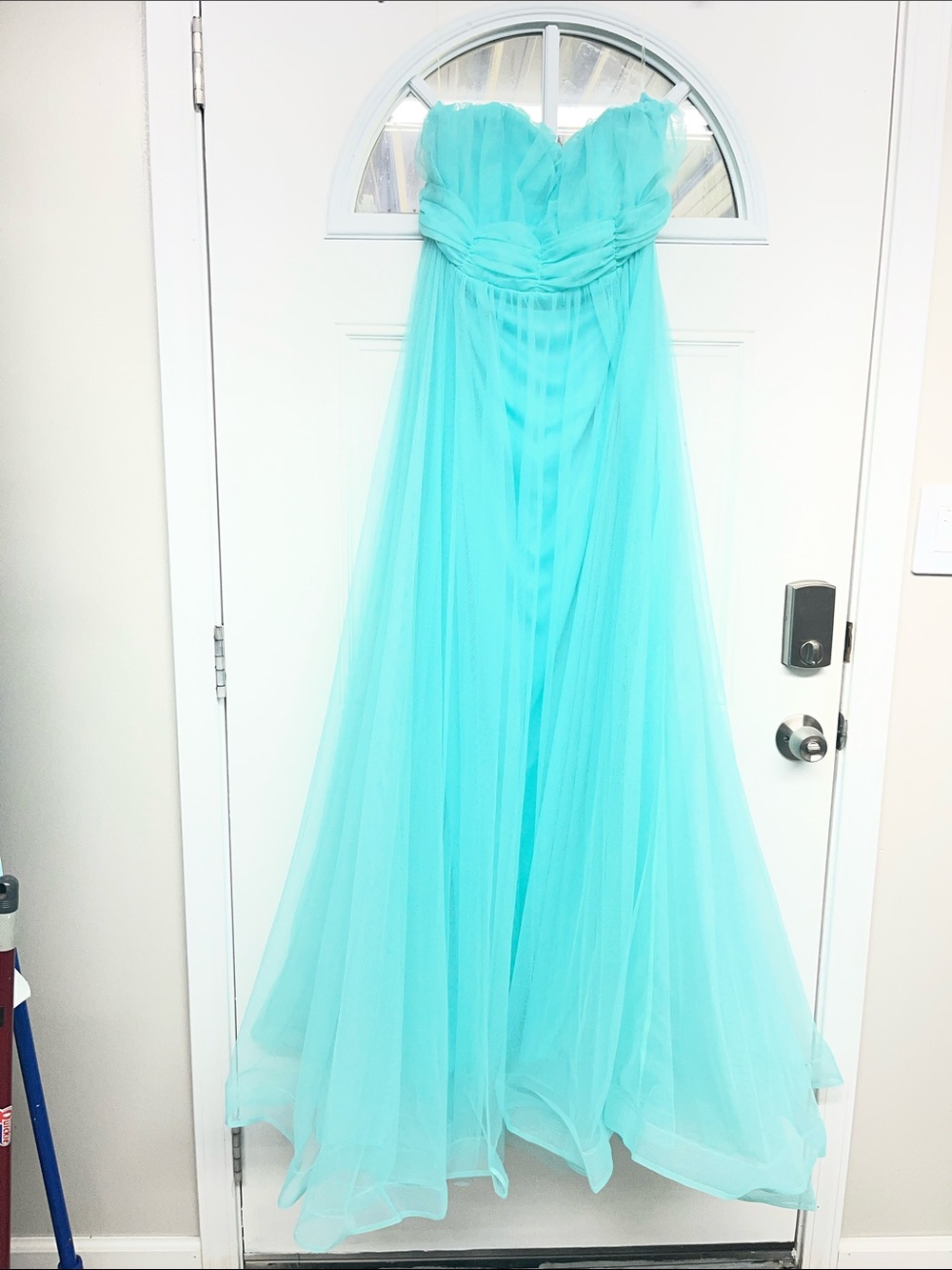 Aqua Strapless Tulle Evening Gown